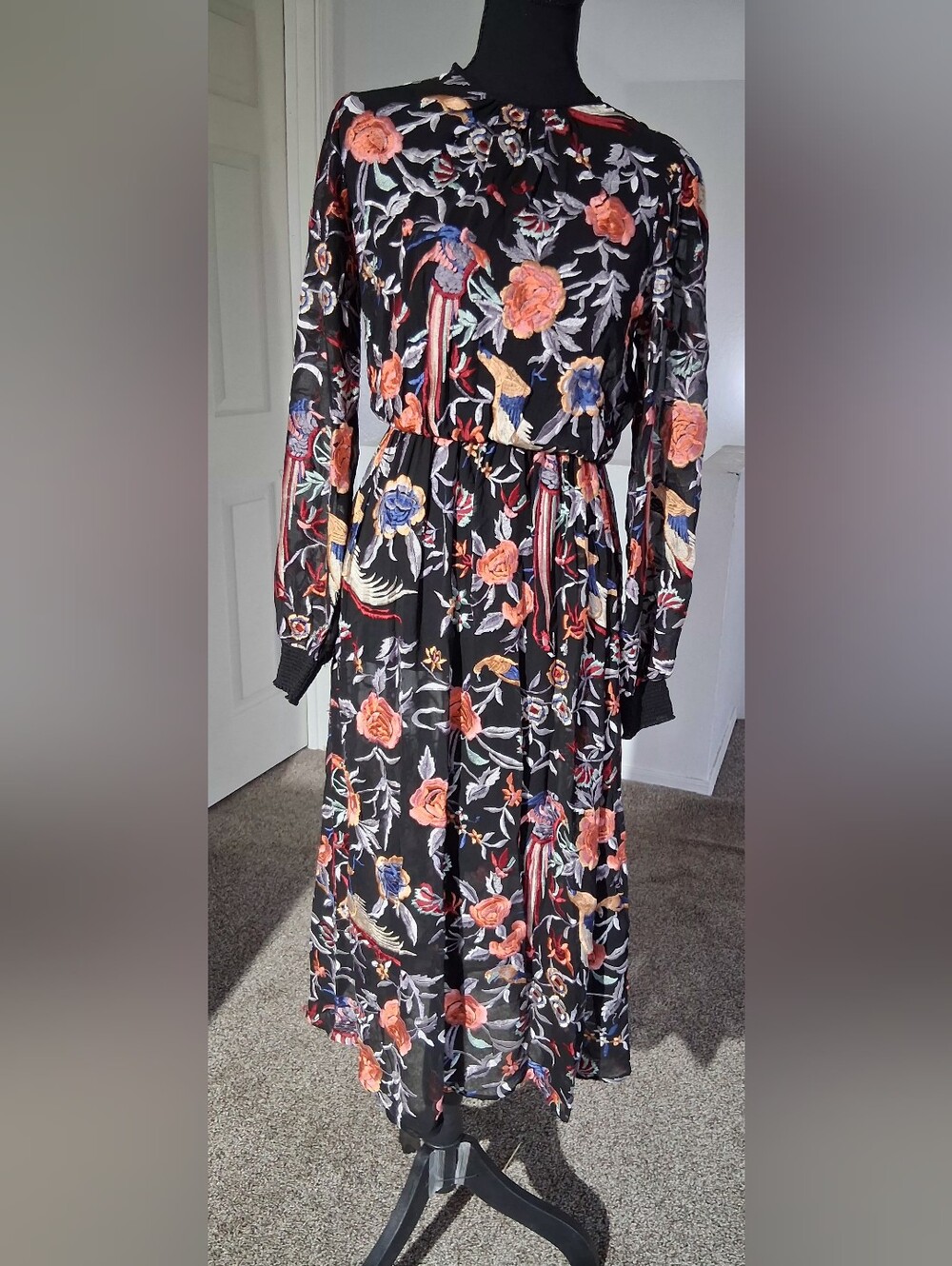 Zara Black Floral Midi Dress with Orange and Blue Accents - Picture 2 of 16